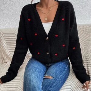 Black V-Neck Cardigan with Red Hearts